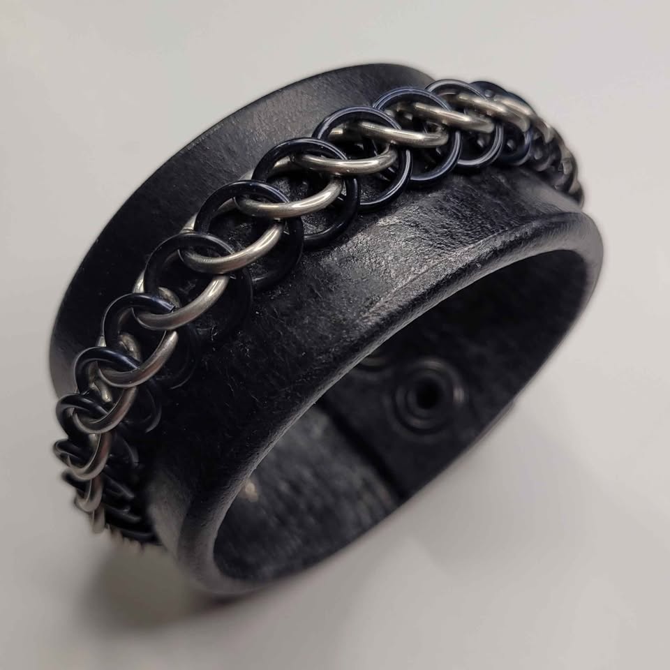 Black Leather and Chainmaille Bracelet