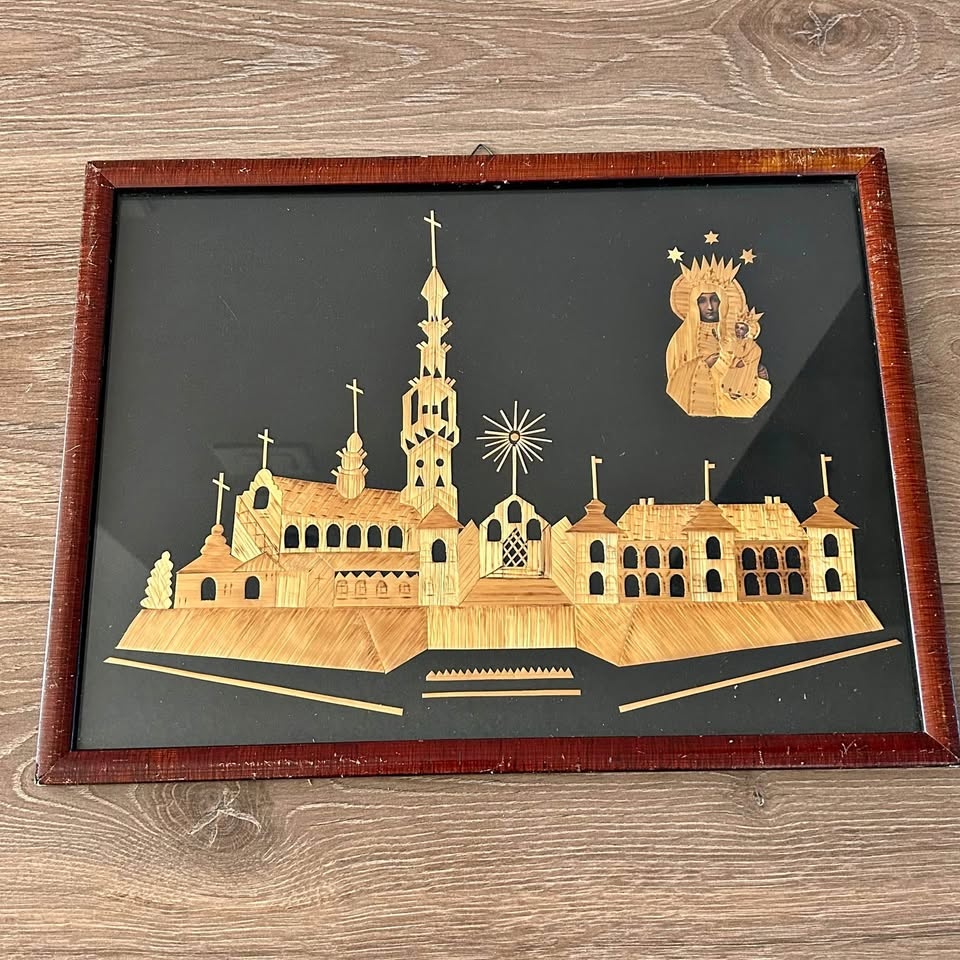 Vintage Straw Art Panel – Jasna Góra Monastery & Black Madonna –