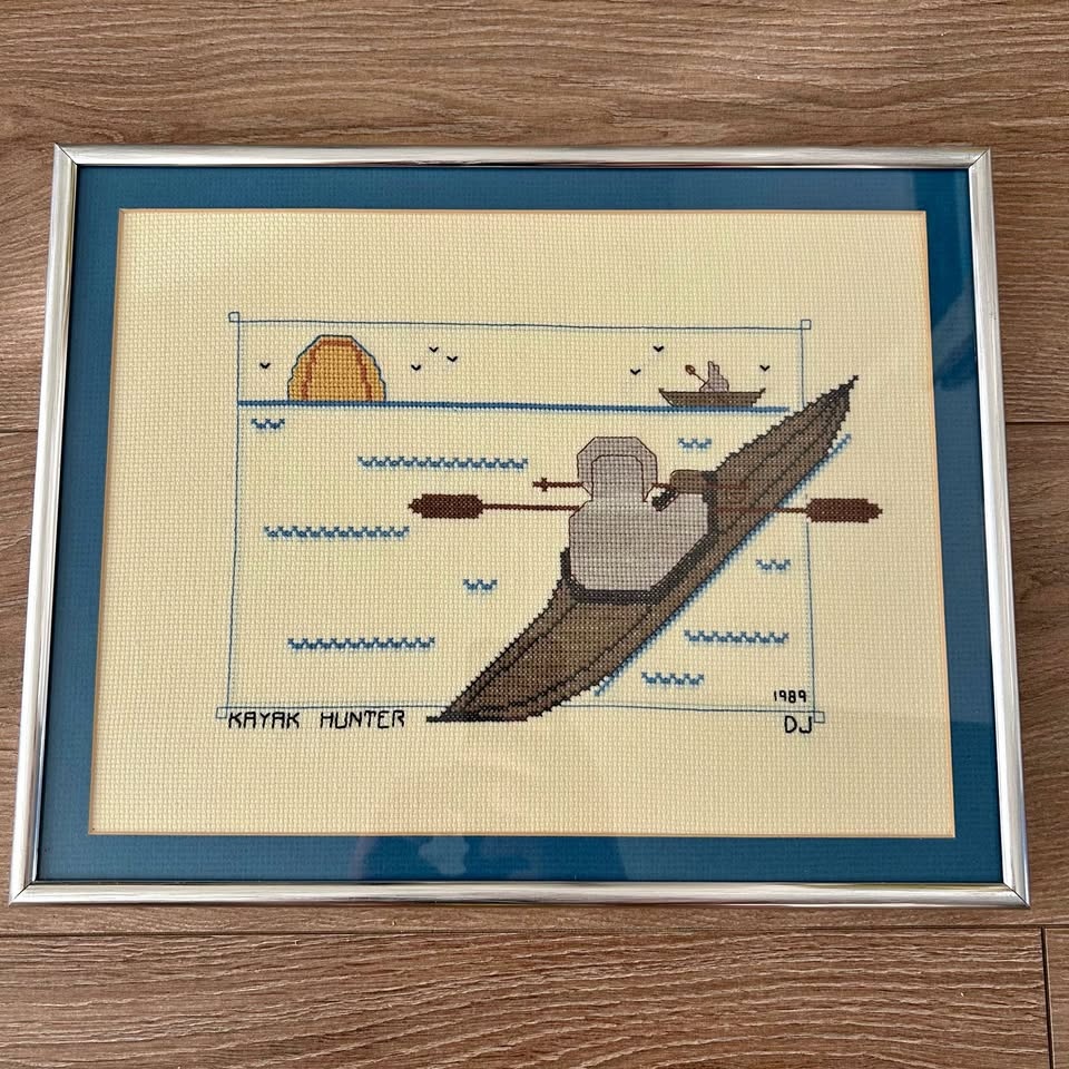 Vintage Framed Cross-Stitch “Kayak Hunter” (1989)