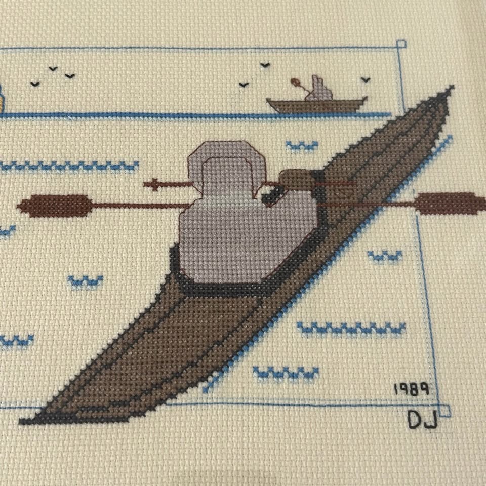 Vintage Framed Cross-Stitch “Kayak Hunter” (1989) - photo 3