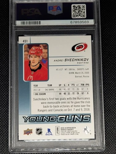 2018 UPPER DECK #451 ANDREI SVECHNIKOV YOUNG GUNS RC ROOKIE PSA - photo 2