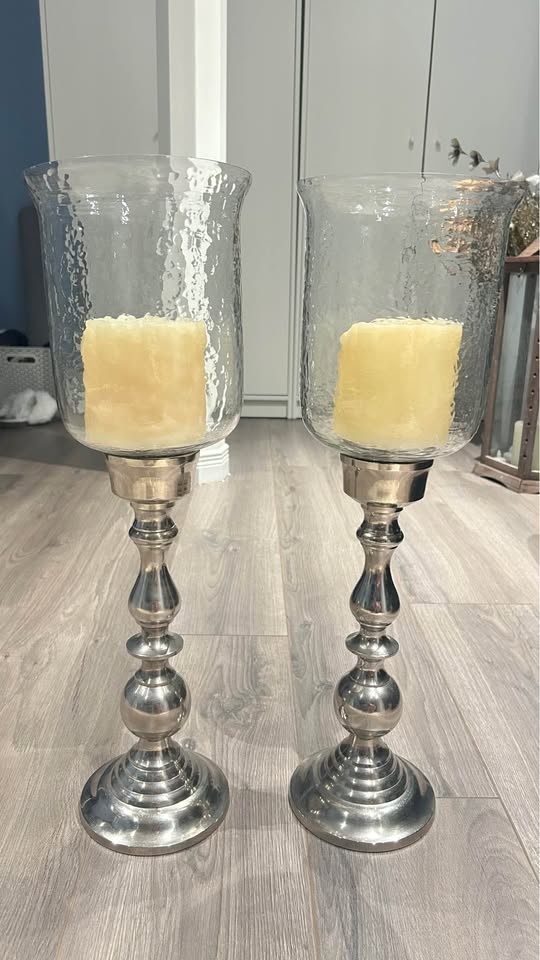 Homesense Pair of Metal Candle Holders with Glass Hurricanes