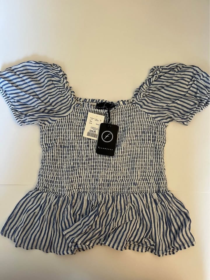 Striped Ruffle Puff Sleeve Shirt - M