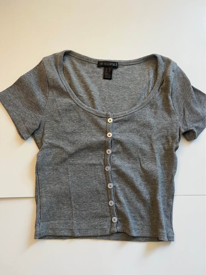 Gray Button Down Crop Top - M