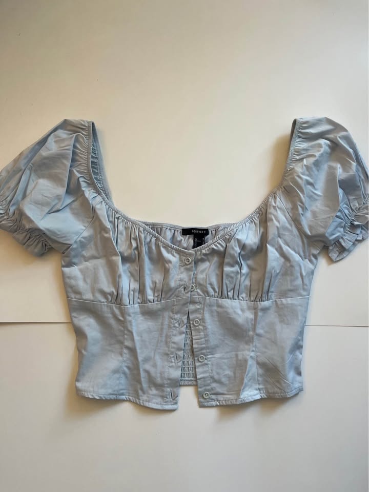 Light Blue Puff Sleeve Crop Top - M