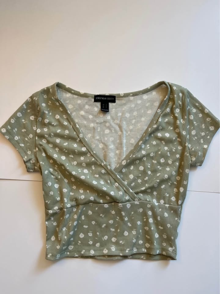 Green Floral Ribbed Shirt - S