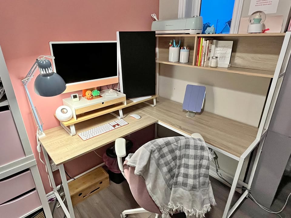 L-Shaped Computer Desk with Metal Base and Open Storage