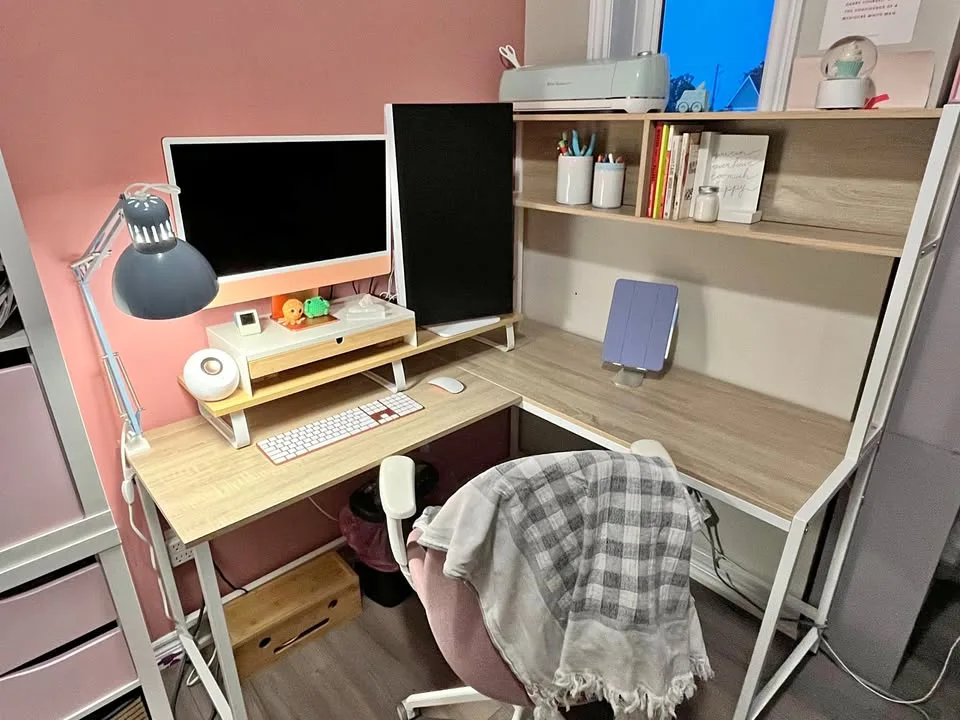 L-Shaped Computer Desk with Metal Base and Open Storage thumbnail