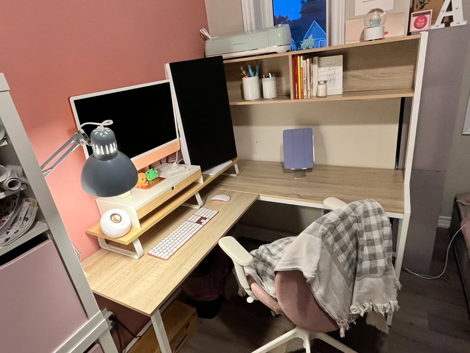L-Shaped Computer Desk with Metal Base and Open Storage - photo 2