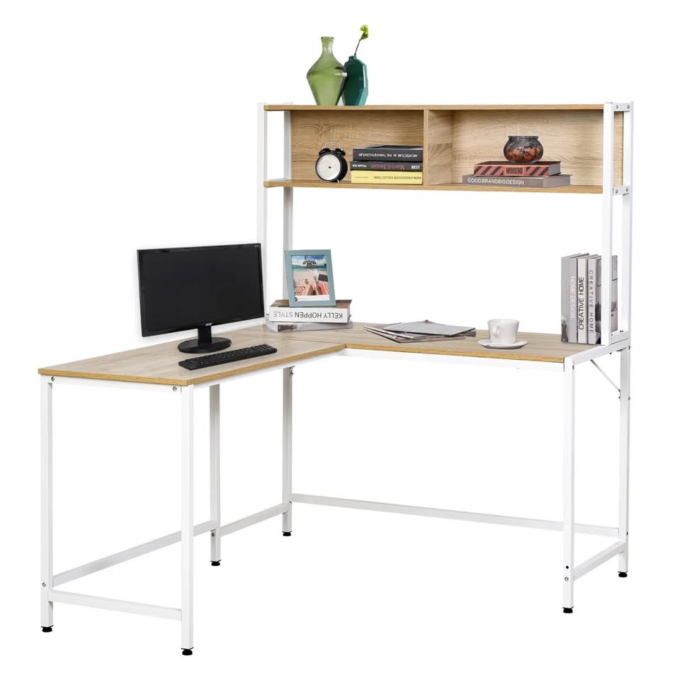 L-Shaped Computer Desk with Metal Base and Open Storage - photo 5
