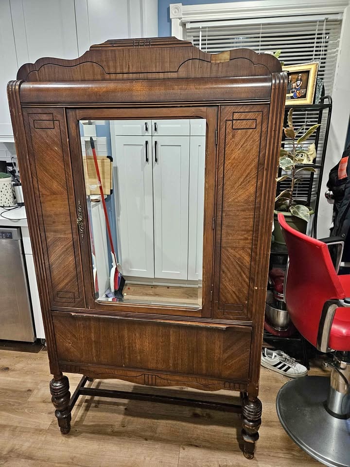 Antique Wardrobe Cabinet with Mirror – Solid Wood (c.1900–1920)