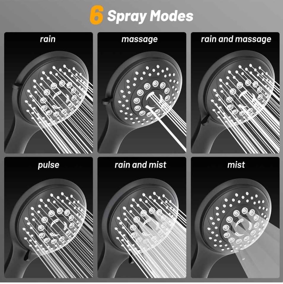 6-Mode Handheld Shower Head with Hose – Black - photo 3