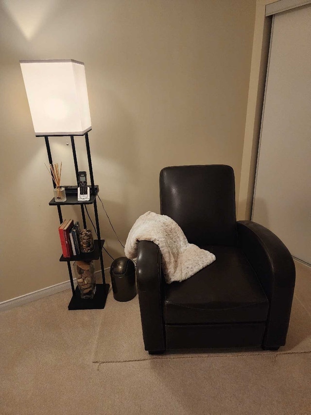Leather Recliner Chair and Shelf Light Fixture