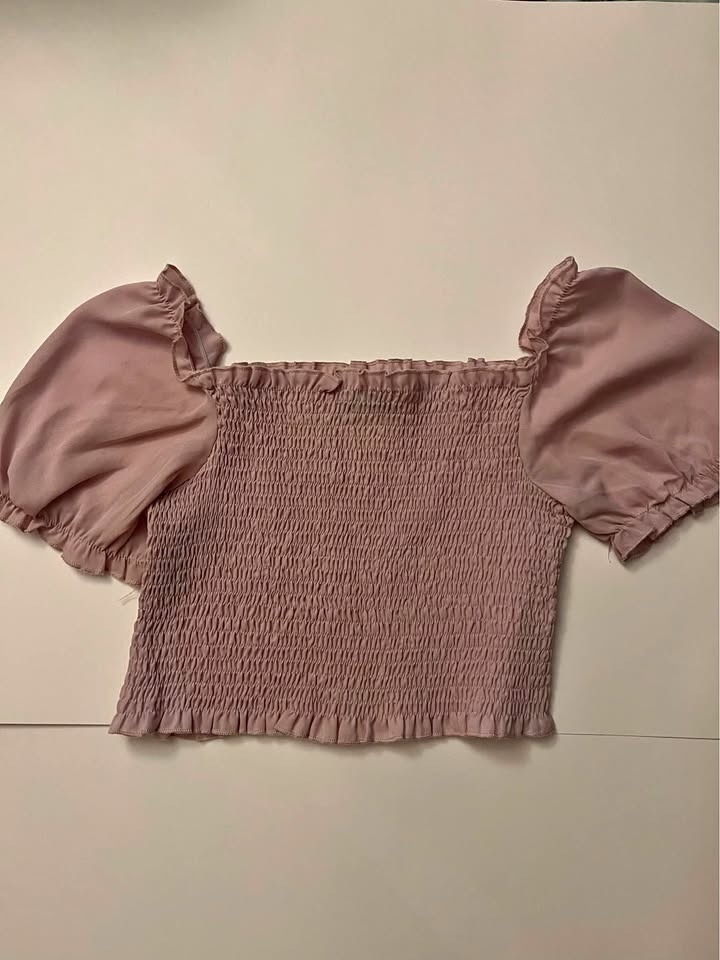 Pink Puff Sleeve Shirred Chiffon Top