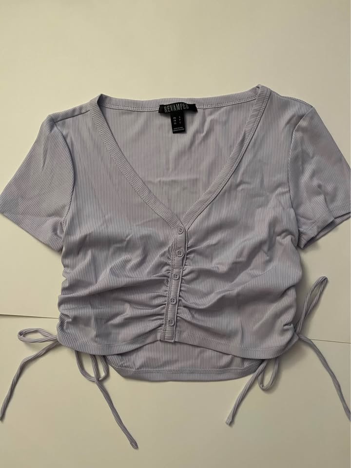 Purple Cropped Ribbed Drawstring Shirt - S