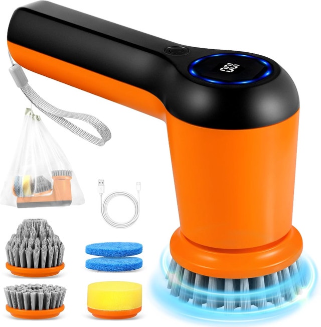 New Cordless Electric Spin Scrubber, Digital Display & 5 Heads