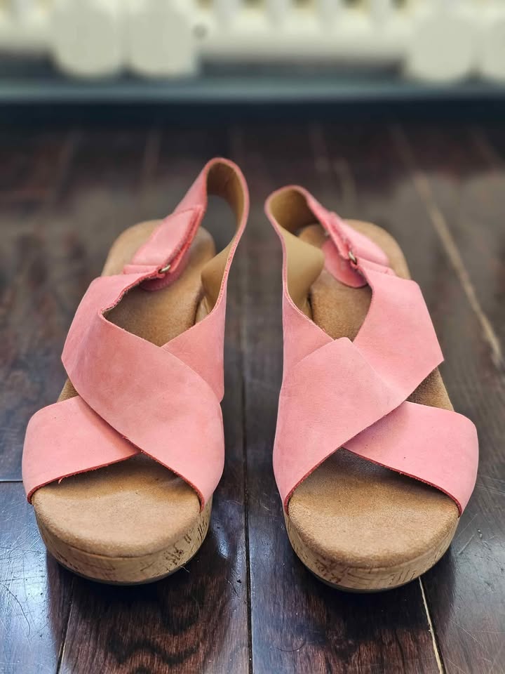 Sz 10 Clarks Coral Pink Wedge Cork Platform Sandals - photo 3