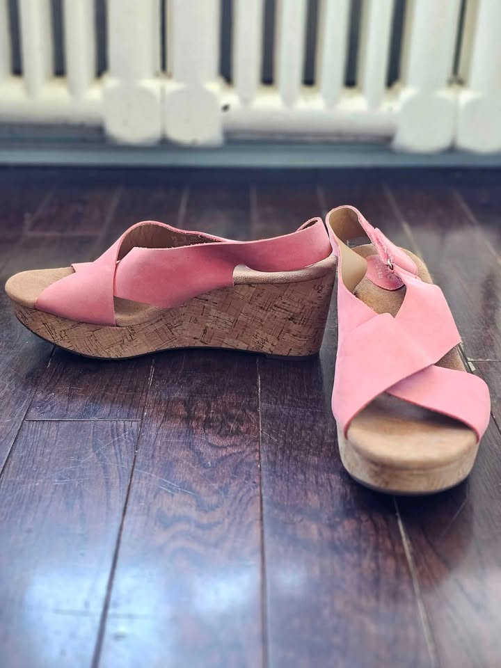 Sz 10 Clarks Coral Pink Wedge Cork Platform Sandals - photo 4