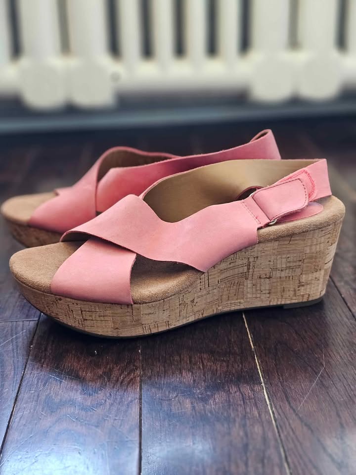 Sz 10 Clarks Coral Pink Wedge Cork Platform Sandals - photo 5