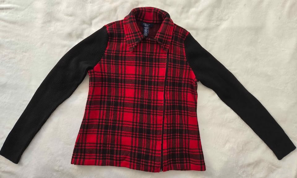 Chaps Buffalo Plaid Zippered Cardigan, Petite M