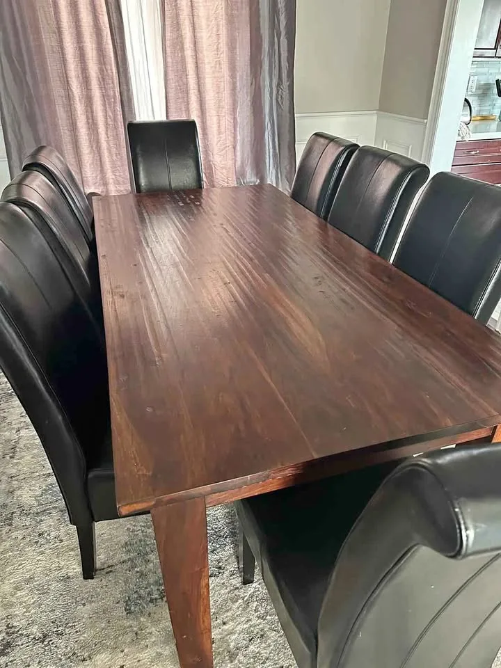 Solid wood dining table with leather chairs thumbnail