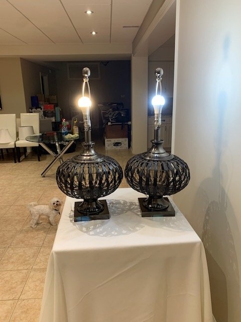 Table Lamps PAIR Strapped Down Faux Leather Lamps With Orb Base