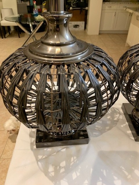 Table Lamps PAIR Strapped Down Faux Leather Lamps With Orb Base - photo 3
