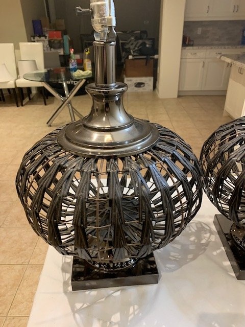 Table Lamps PAIR Strapped Down Faux Leather Lamps With Orb Base - photo 4