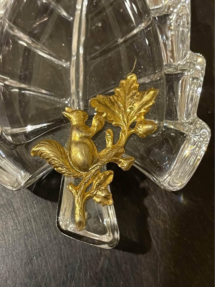 Vintage Crystal Glass Leaf Trinket Dish Catch All Gold 5 1/2" x - photo 3