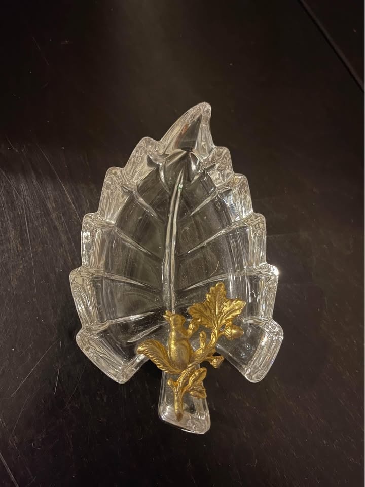 Vintage Crystal Glass Leaf Trinket Dish Catch All Gold 5 1/2" x - photo 4