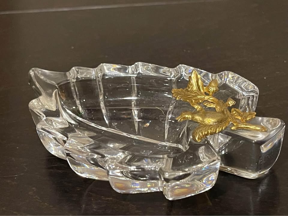 Vintage Crystal Glass Leaf Trinket Dish Catch All Gold 5 1/2" x - photo 5