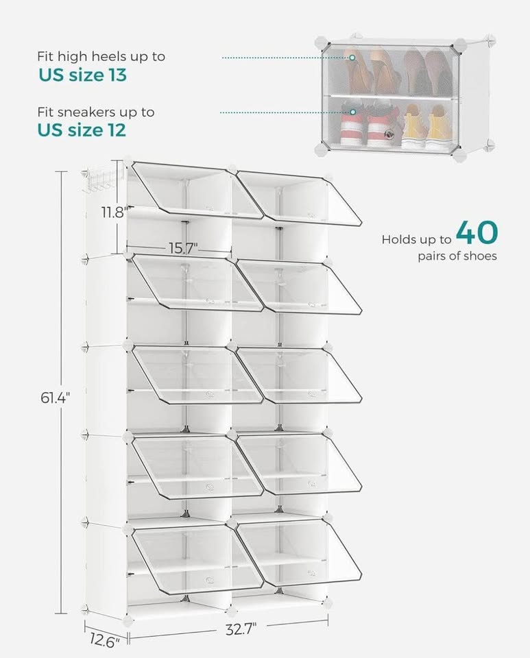 SONGMICS 10-Tier Shoe Rack Organizer – Holds 40 Pairs, White (Ne - photo 3