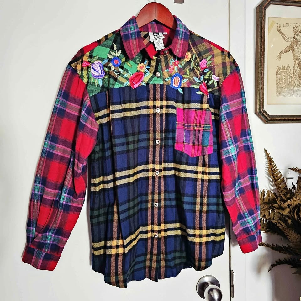Vintage 90s Floral Embroidered Colorblock Plaid Shirt