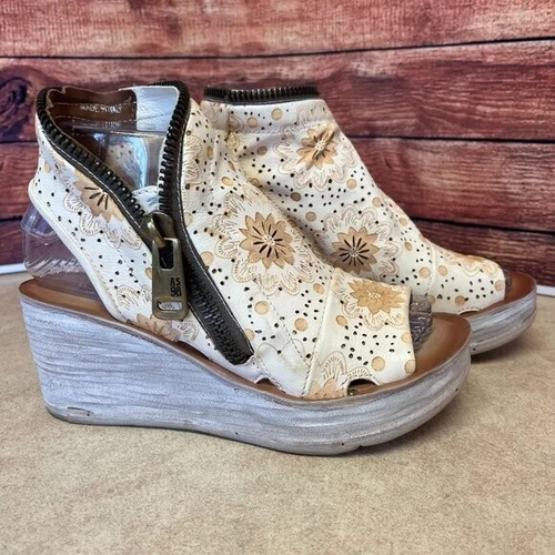 A.S.98 Leather Milk Peep Toe Wedge Espadrilles Sandals