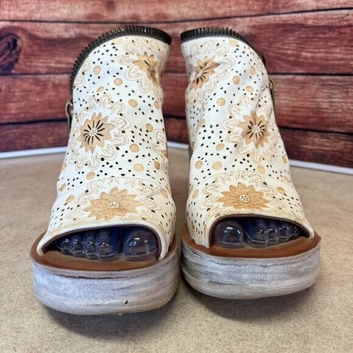 A.S.98 Leather Milk Peep Toe Wedge Espadrilles Sandals - photo 3