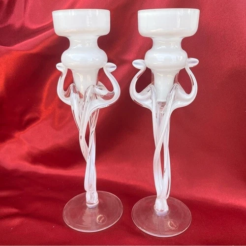 Italian Cello Jellyfish Art Hand Blown Glass Candlesticks - photo 2