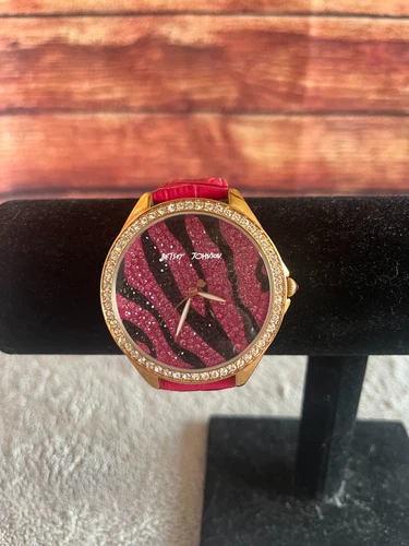 Betsy Johnson Pink Zebra Leather Rhinestone Bling Goldtone Watch - photo 2