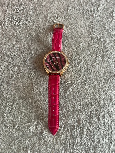 Betsy Johnson Pink Zebra Leather Rhinestone Bling Goldtone Watch - photo 3