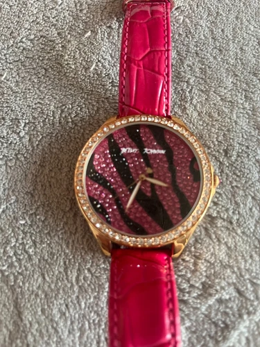 Betsy Johnson Pink Zebra Leather Rhinestone Bling Goldtone Watch - photo 4