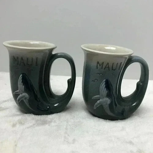 Vintage 1981 Pottery Whale Horn Mugs (Set of 2) - Maui