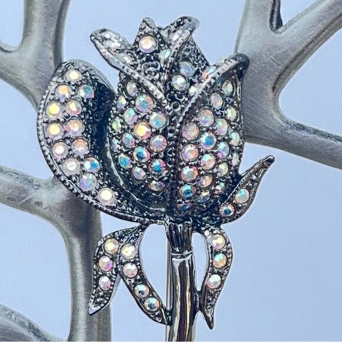 Vintage Butler Black Rose Brooch With Aurora Borealis Rhinestone - photo 2