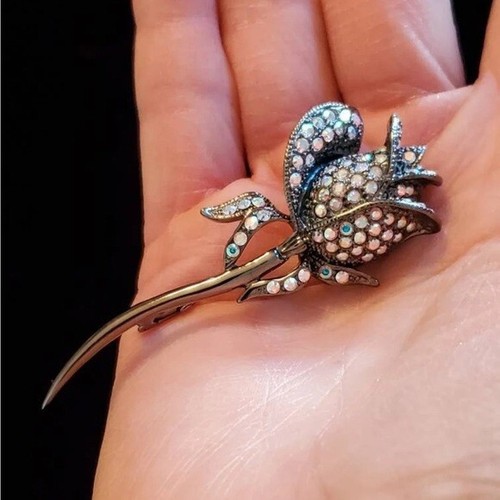 Vintage Butler Black Rose Brooch With Aurora Borealis Rhinestone - photo 3