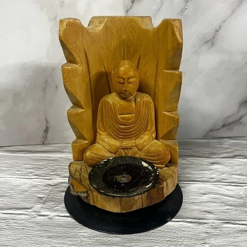 Hand Carved Wooden Buddha Statue Sculpture With Small Candle Hol