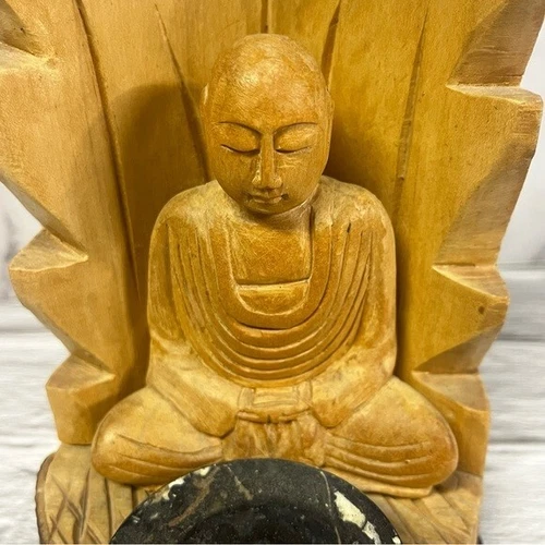 Hand Carved Wooden Buddha Statue Sculpture With Small Candle Hol - photo 2