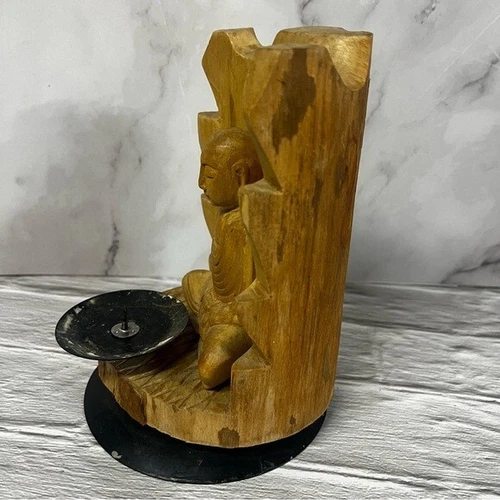 Hand Carved Wooden Buddha Statue Sculpture With Small Candle Hol - photo 4