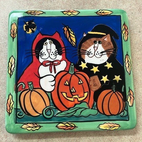 Catzilla Halloween Cats Ceramic Square Trivet Tile Candace Reite