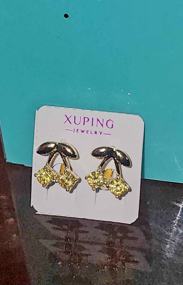 Gold plated yellow cherry mini hoop cuff earrings