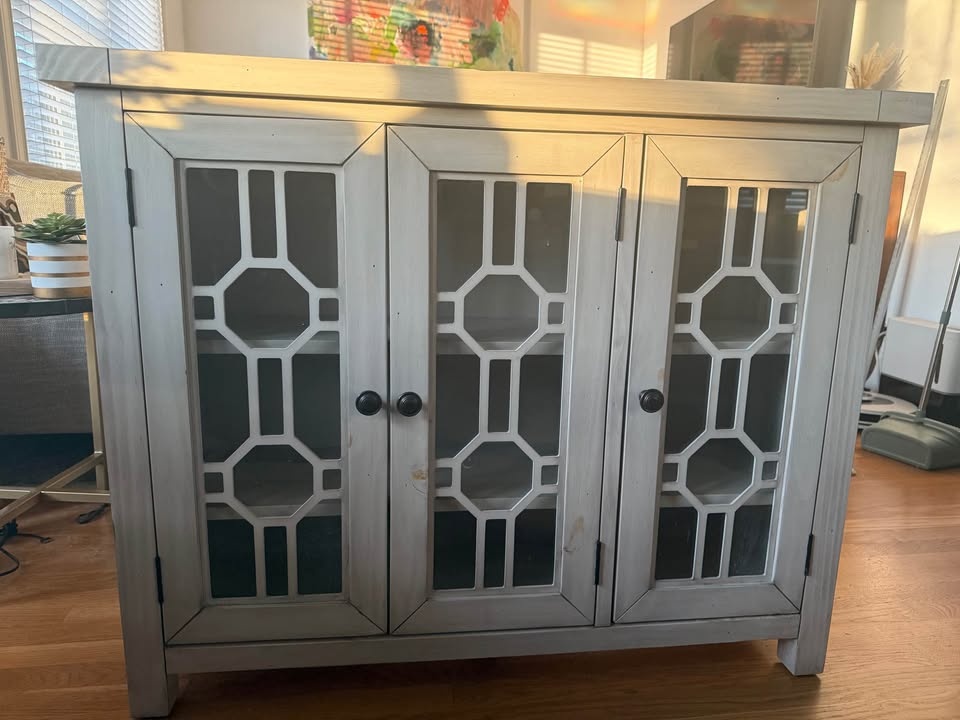 Beautiful gray/cream entryway or dining console with glass doors