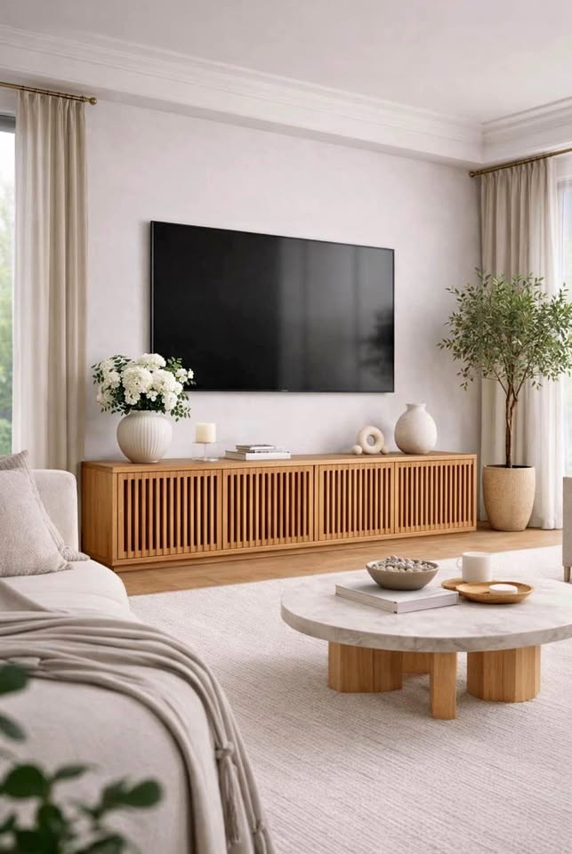 Mid-Century Modern Oak Slatted Media Console / Sideboard— Brand