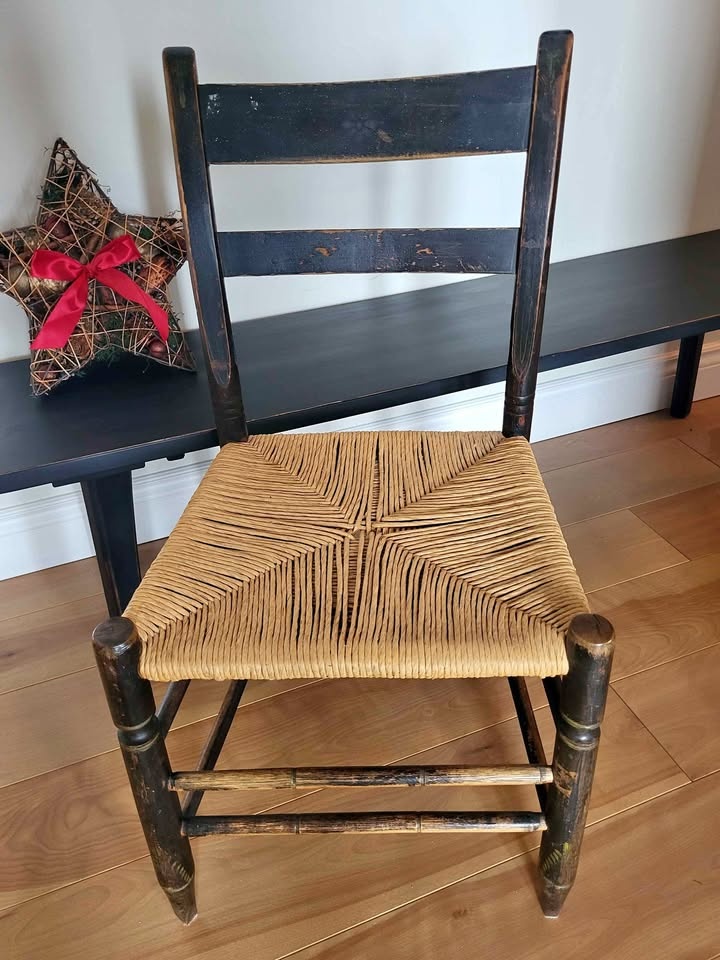 Primitive Wooden Black Chair with Weaved Seat